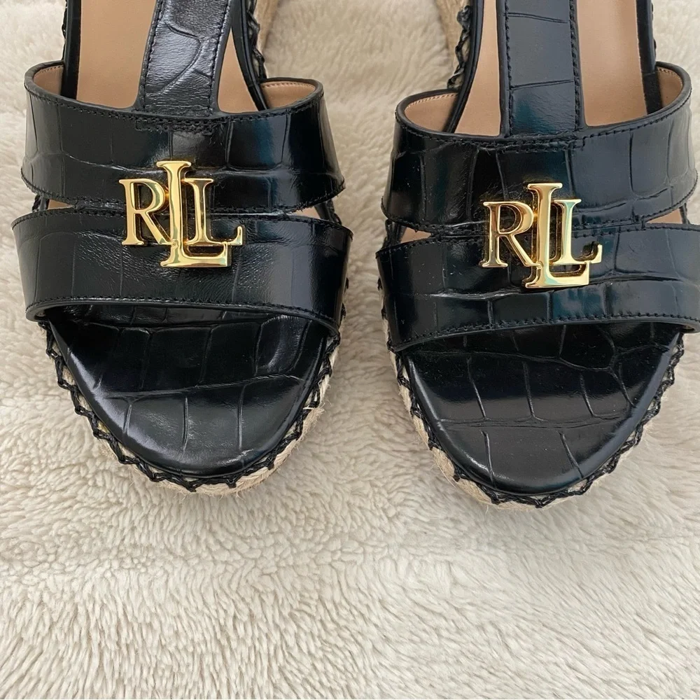 Lauren Ralph Lauren Hale II Black Leather Croc Espadrille Wedges Size 9.5
